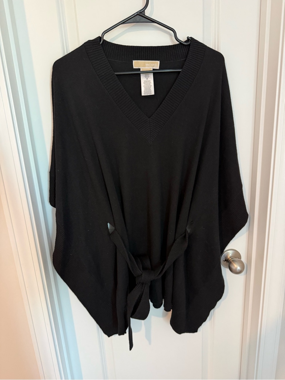 Michael Kors Black V-Neck Tie-Waist Sweater Poncho